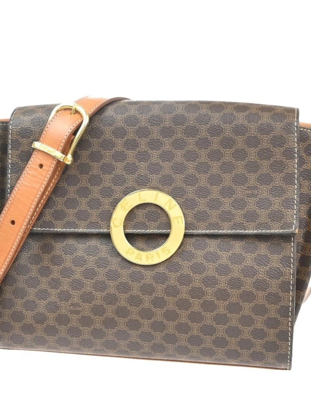CELINE Macadam Circle Logo Shoulder Bag PVC Leather Brown GHW 88KC866